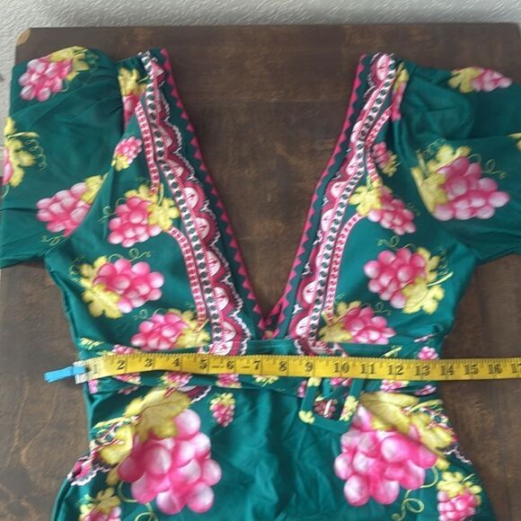 Embroidered Long-sleeved Retro Green Grapes Print One Piece swimsuit with Skirt - Picture 9 of 16